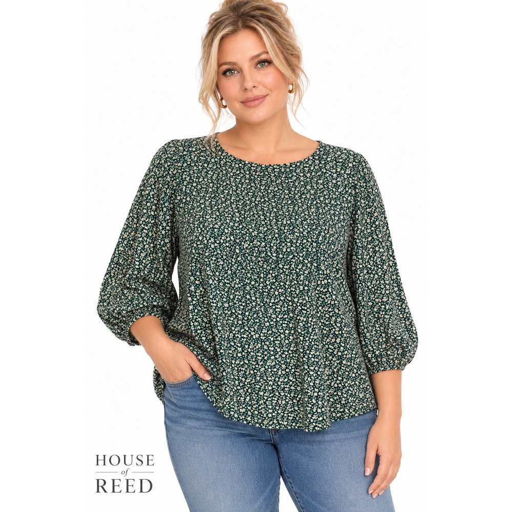 Croft & Barrow Womens Plus 2X Green Floral Rayon 3/4 Sleeve Blouse Top